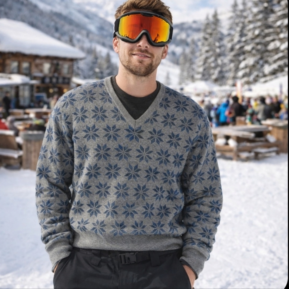 Vtg. Hickey Freeman wool gray/slate blue snowflake pattern v neck sweater sz XL